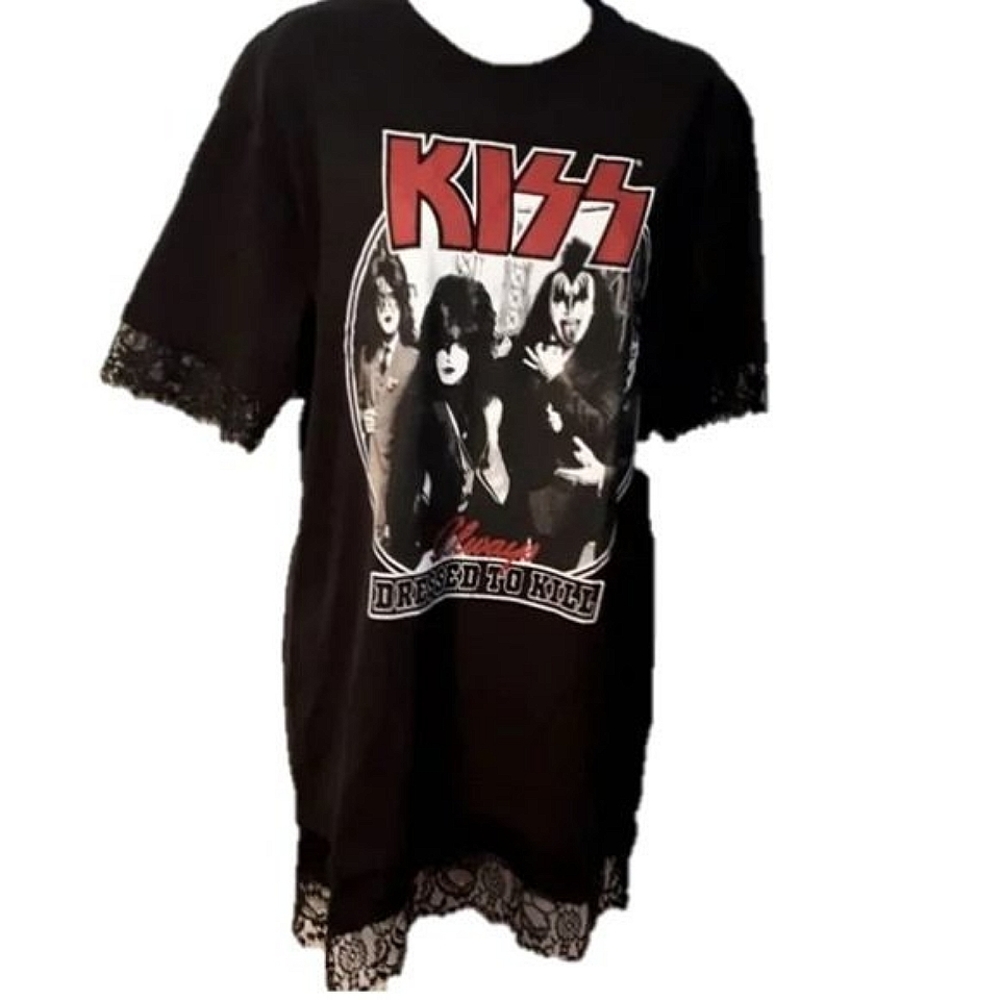 *NEW* KISS Band Black Lace Trim Dress Shirt Always Dressed To Kill Size Small